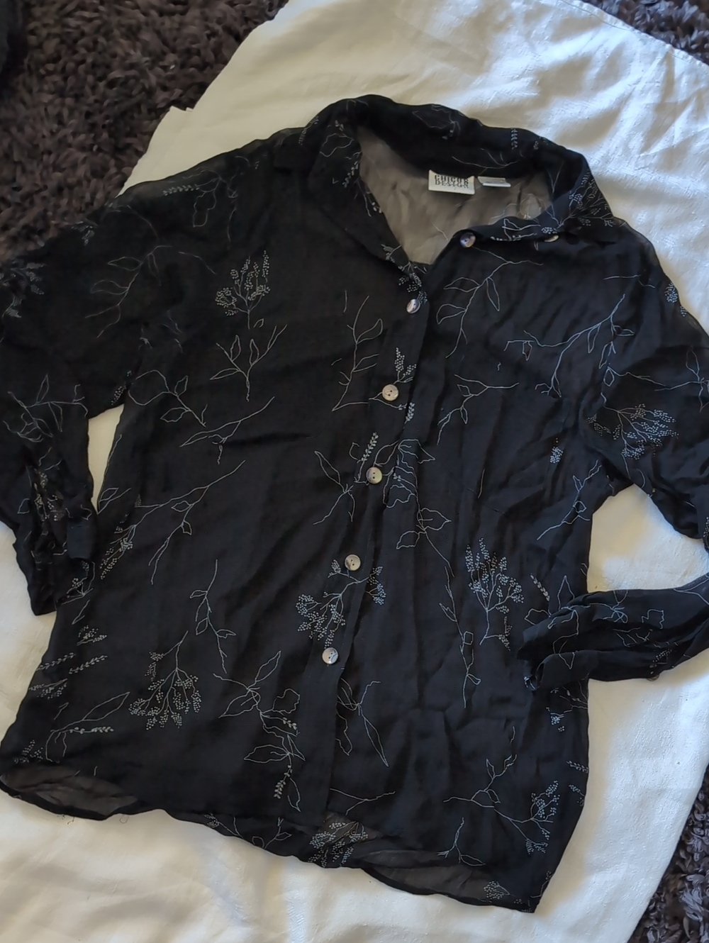 Chico's Black Sheer Floral Button-Down Shirt